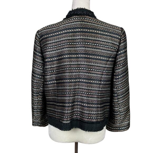 Chico's Sz 1 US 8 Royal Tweed Black Gold Metallic Fringe Trim Open Jacket Blazer - Picture 4 of 14
